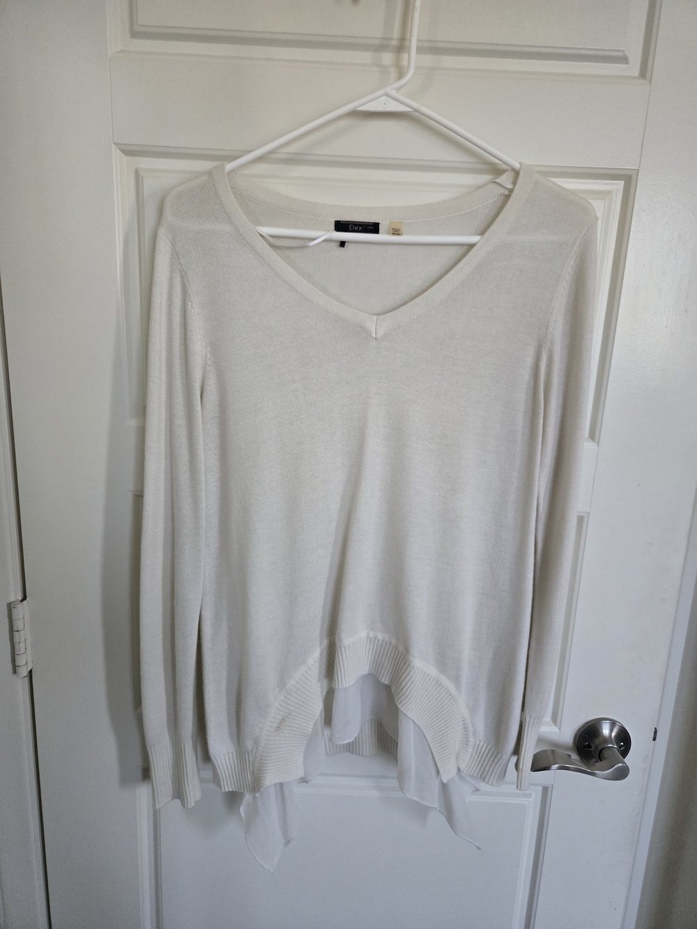 Dex White V-Neck Lightweight Layered Hem Sweater